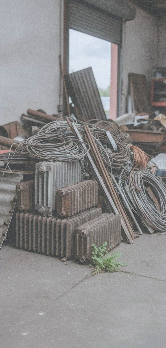 Sortierte Heizkörper, Rohre und Kabel auf dem Hof, bereit zum Abtransport